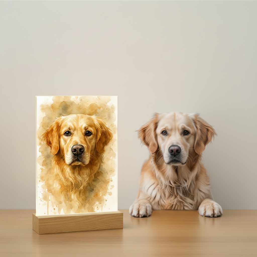 Custom Pet Portrait Acrylic Plaque with Wooden LED Base – Personalized Dog & Cat Gift