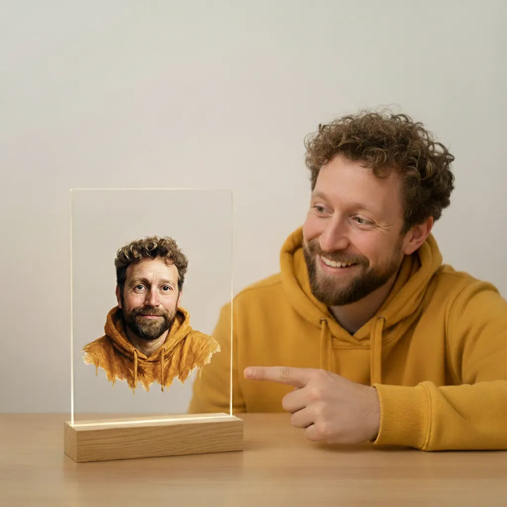 Custom Acrylic Portrait Plaque with Wooden LED Base – Personalized Photo Gift
