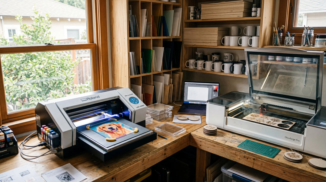PrintCraftMan workshop in San Leandro California with UV printer and laser engraver
