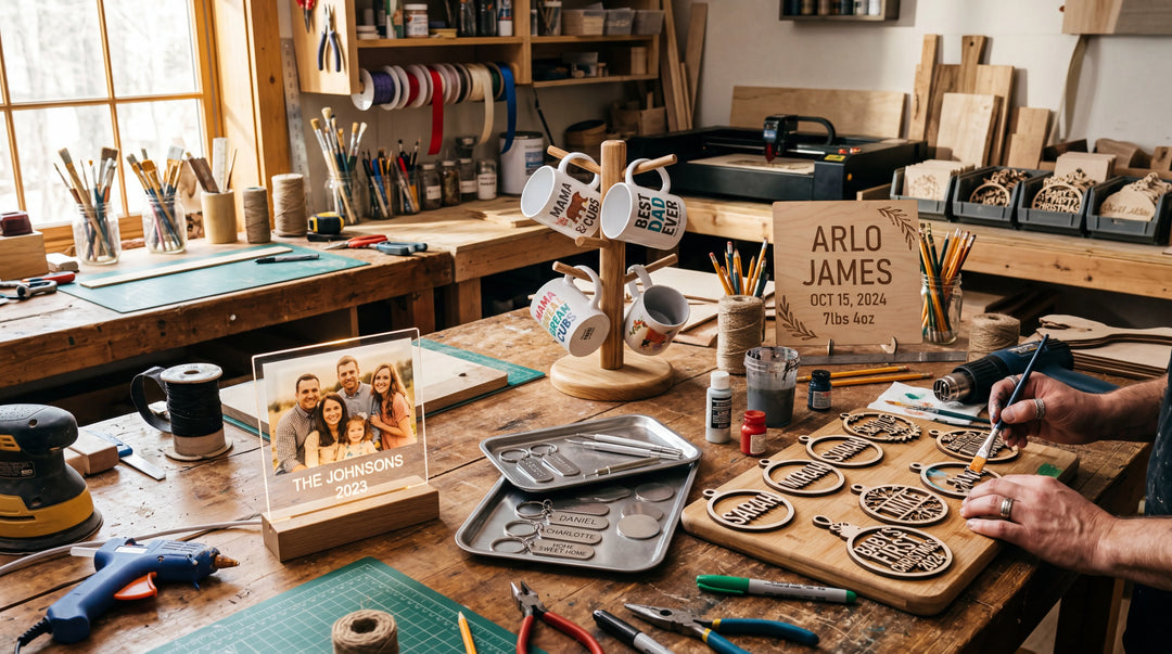 Personalized gift ideas workbench showing acrylic plaques mugs and wooden ornaments
