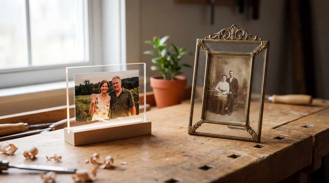 Clear acrylic photo plaque with LED base next to vintage glass photo frame on a wooden workshop table, soft daylight side lighting