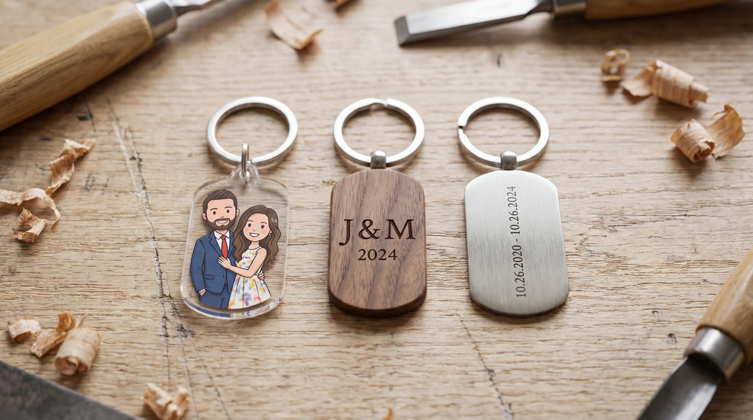 Three custom keychains in a row on a white oak workbench, one clear acrylic with cartoon couple, one walnut wood with engraved initials, one brushed metal with engraved dates