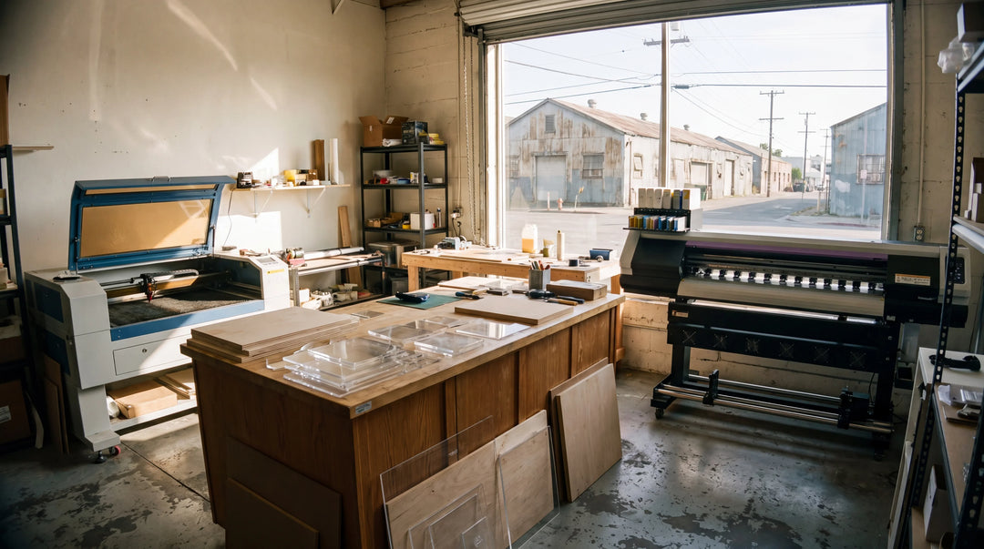 Wide angle interior of PrintCraftMan workshop in San Leandro California with UV printer on right and laser engraver on left, soft afternoon daylight from a window