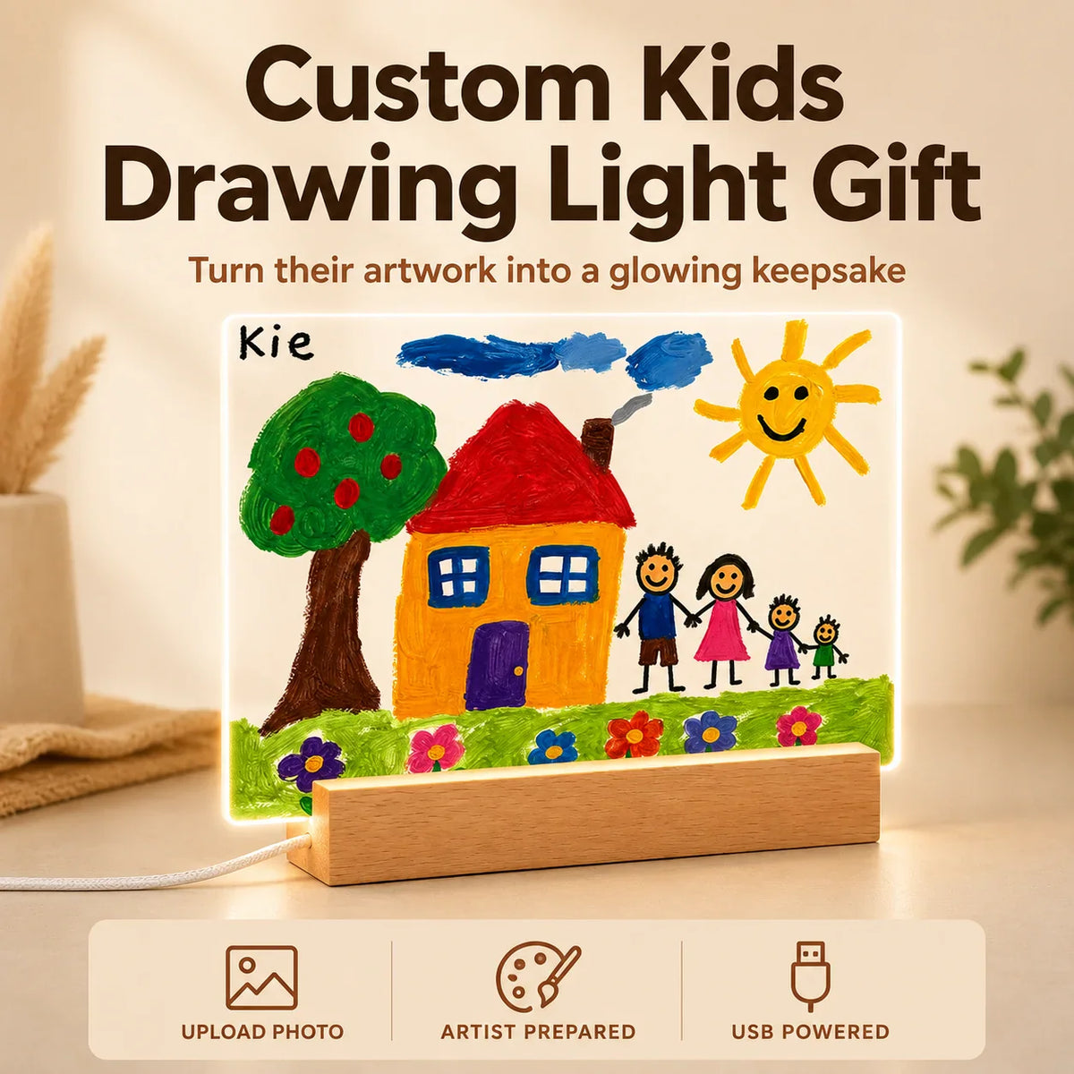 Custom kids drawing LED night light on wooden USB base, child's painting of a house with family, sun, tree, and flowers UV printed on clear acrylic.