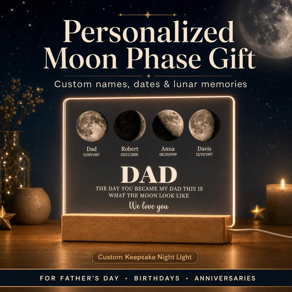 Custom moon phase night light with four lunar phases labeled with family names Dad, Robert, Anna, Davis above an engraved DAD plaque, glowing on a wooden LED base.
