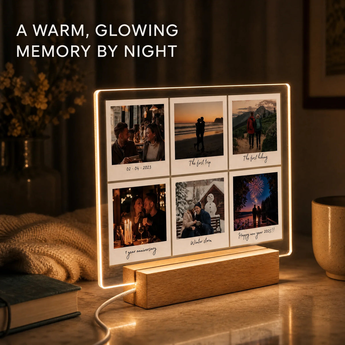 Custom Polaroid photo night light glowing on a bedside table at night, six personal photos with handwritten captions UV printed on clear acrylic over a warm LED wood base.