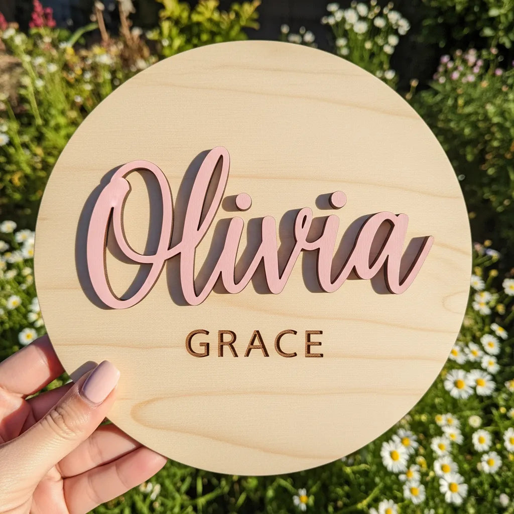 Custom wooden birth announcement sign with 3D raised baby name letters