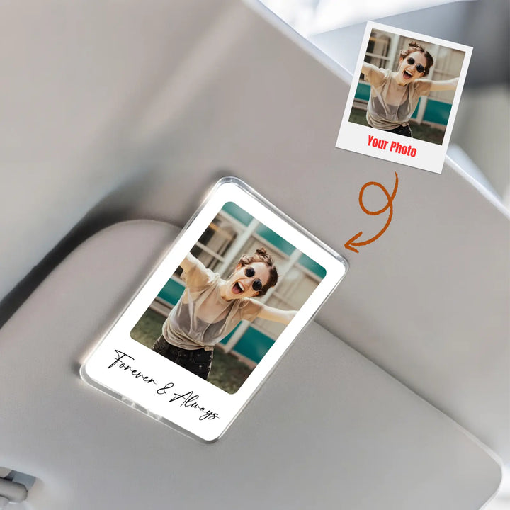 Personalized photo card with 'Forever & Always' text on a car dashboard.