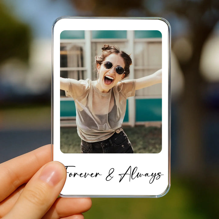 car visor clip with a photo of a person wearing sunglasses and 'Forever & Always' text