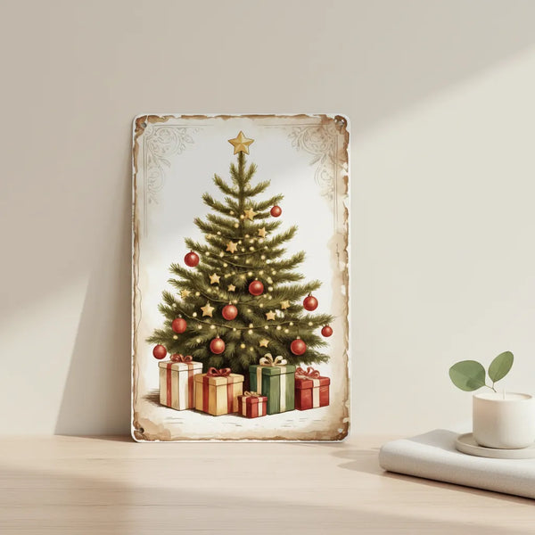 Christmas tree aluminum wall art with presents and festive design front view