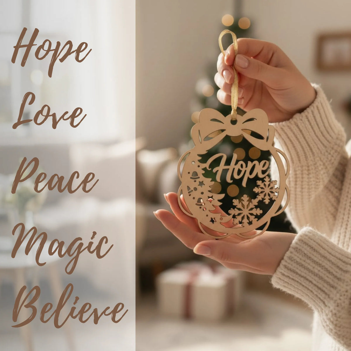 Laser-cut wooden Hope ornament from Baltic Birch with natural finish