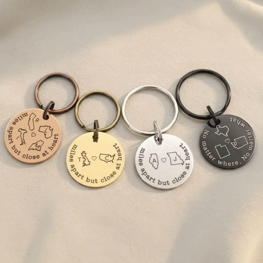 Custom long distance keychain with two states and initials laser engraved on stainless steel