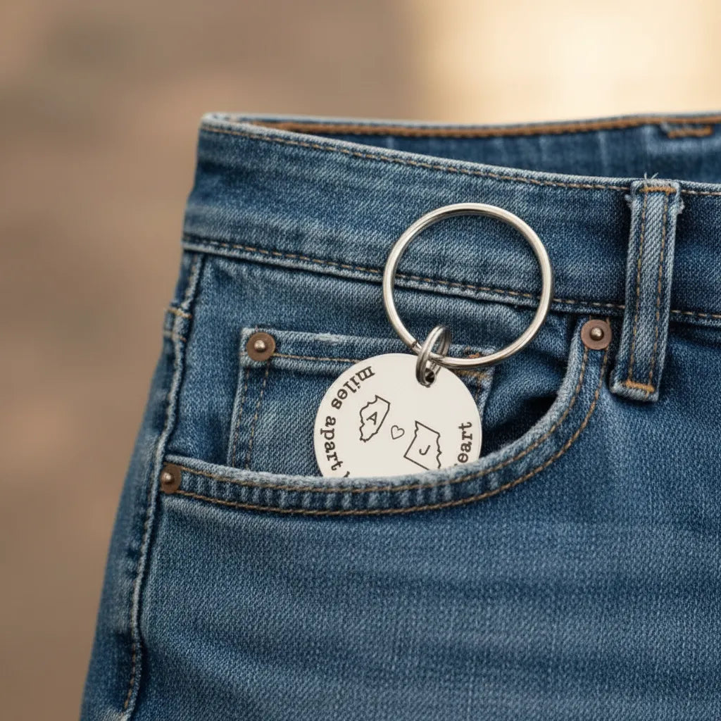 Custom Long Distance Keychain | Personalized State and Initial Engraved Gift