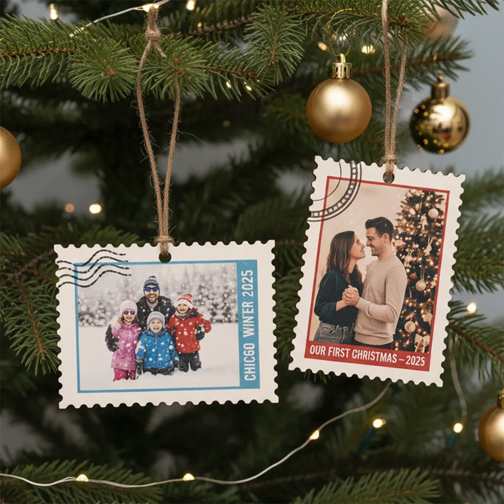 Custom photo stamp ornament with vintage postage design on Baltic Birch wood