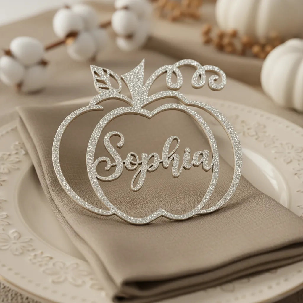 Personalized Thanksgiving pumpkin place card with guest name in glitter finish