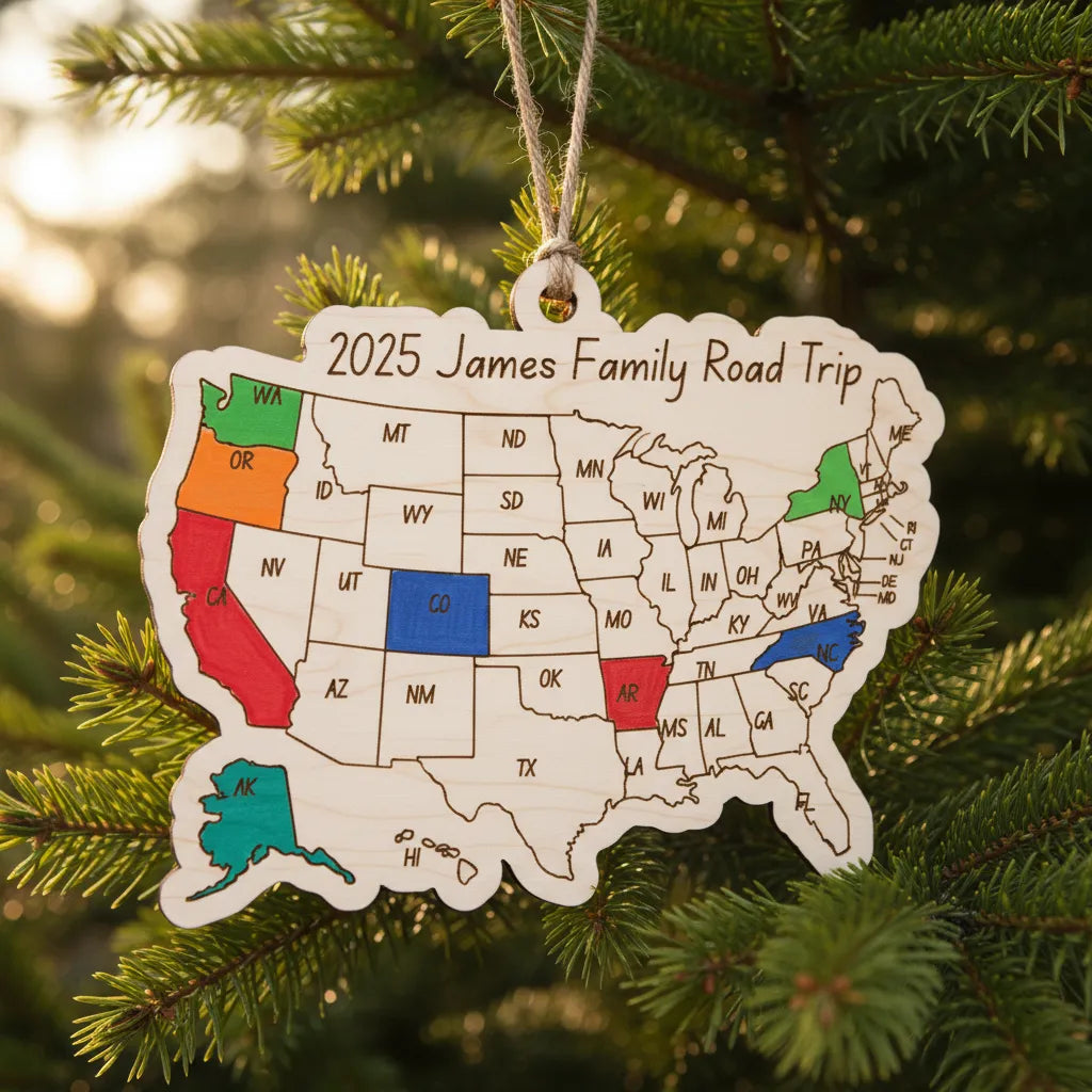 Personalized USA travel map ornament showing laser engraved states on Baltic Birch wood