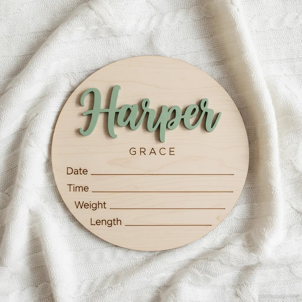 Custom wooden birth announcement plaque with baby name in maple wood