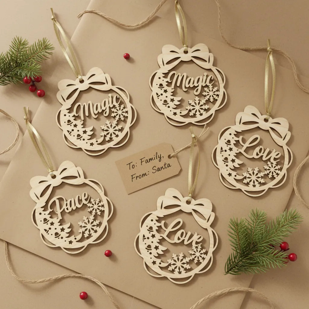 Wooden Christmas Ornament Set (Hope, Love, Peace, Magic, Believe)
