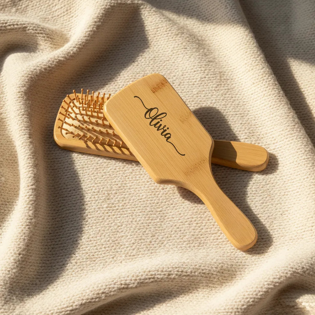 Personalized bamboo hair brush with custom laser engraved name for bridesmaid gift