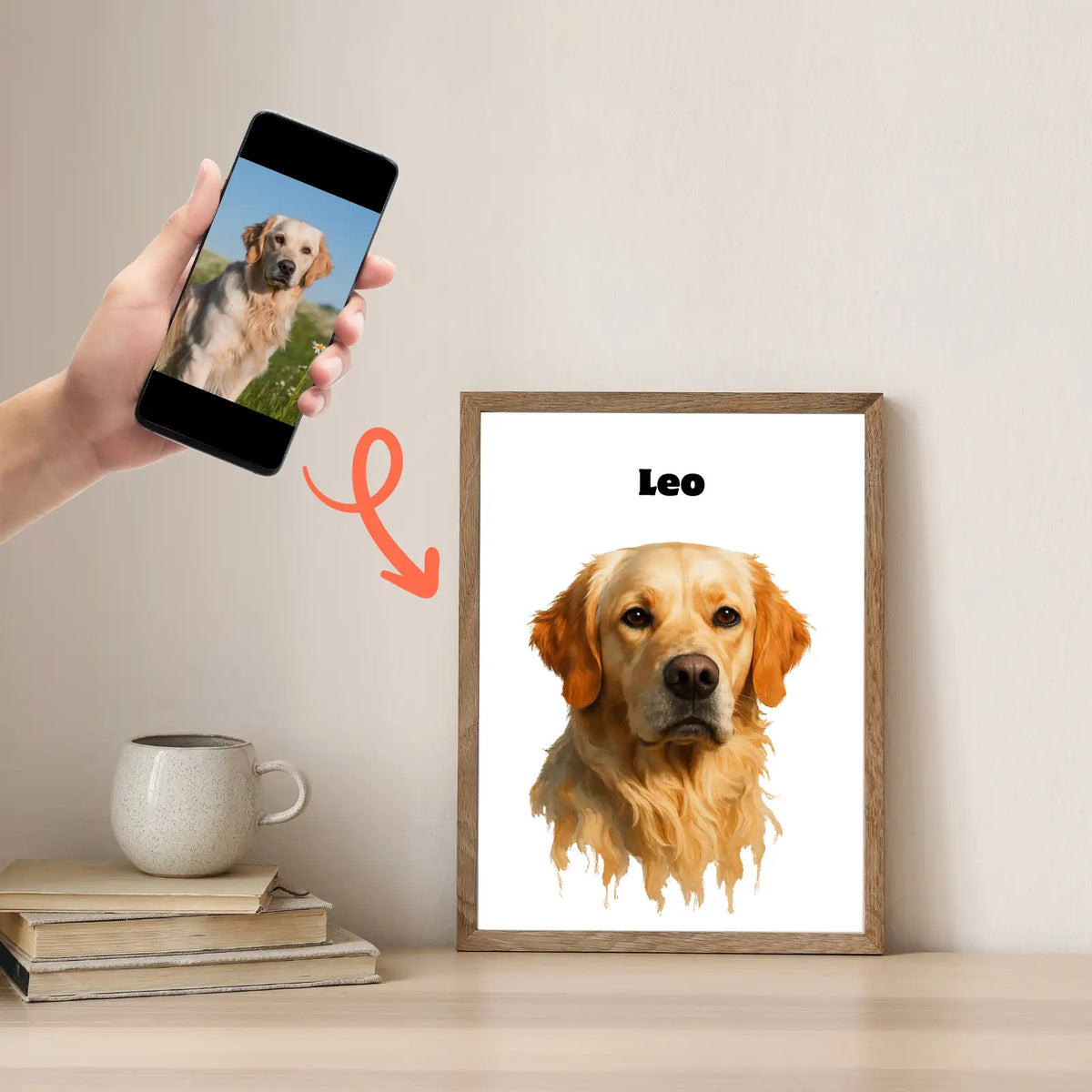 Framed portrait of a dog named 'Leo' next to a smartphone with a photo of a dog, on a light-colored surface.