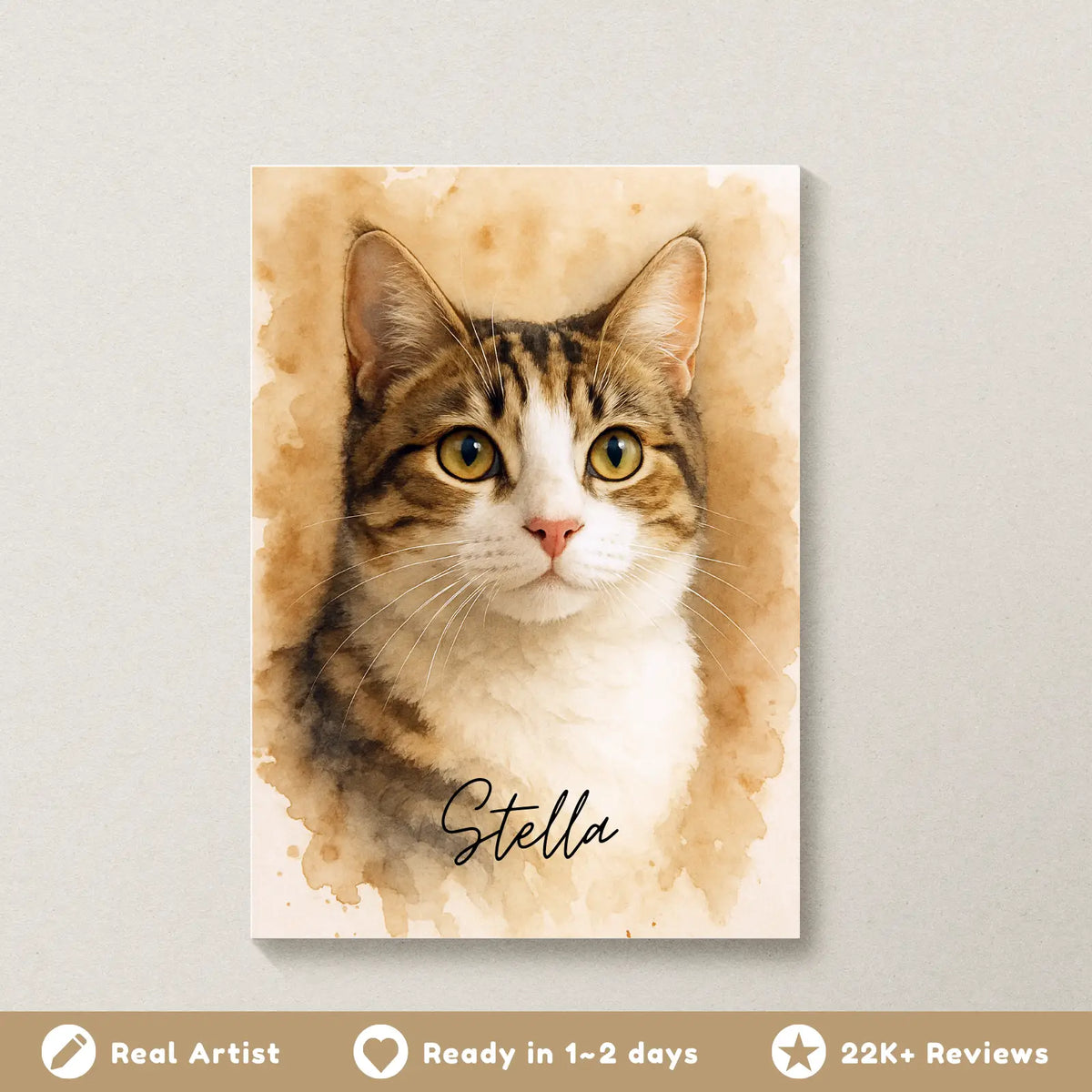 Realistic pet portrait print displayed as wall art in living room
