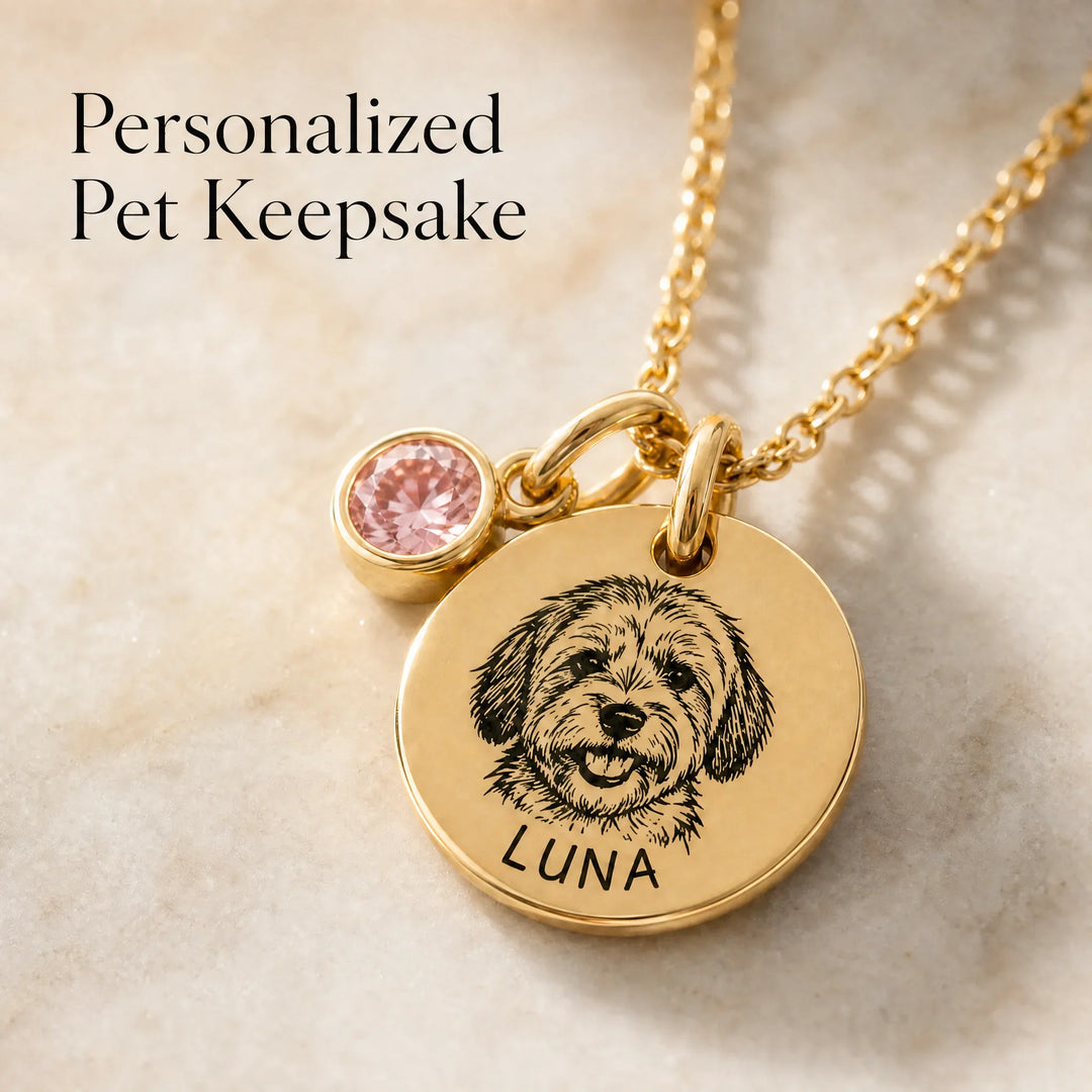 Gold round pendant with laser engraved Havanese dog portrait and the name LUNA, paired with a pink October Rose birthstone charm on a gold chain.