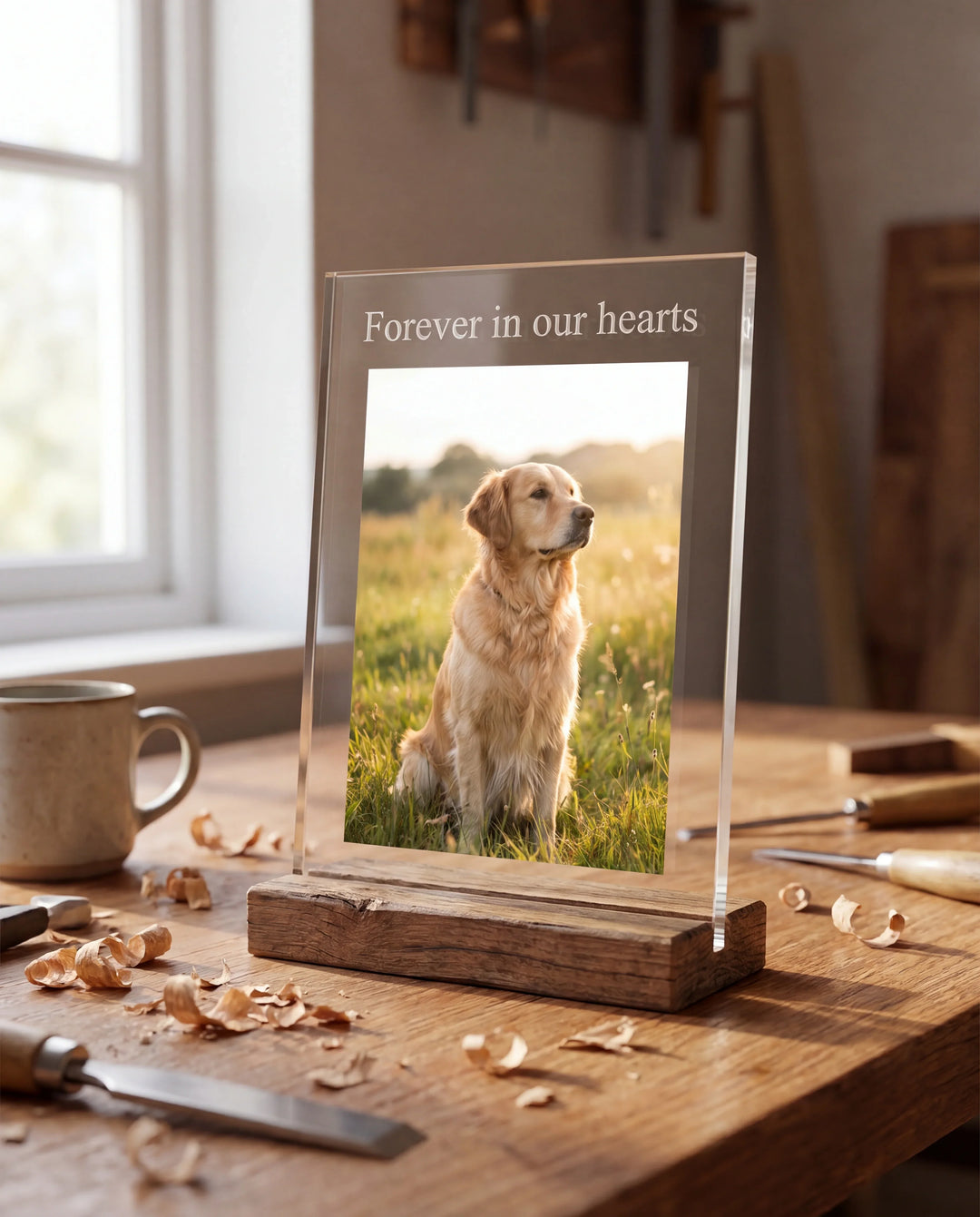 Crystal-clear acrylic memorial photo plaque on a wooden base, sitting on a workshop table in soft daylight. The plaque shows a UV-printed photo of a golden retriever in a meadow with "Forever in our hearts" engraved at the top.