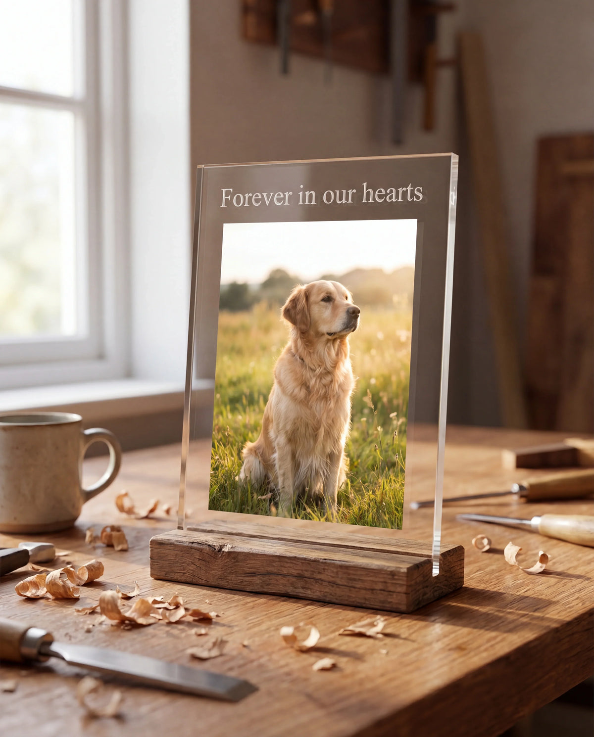 Crystal-clear acrylic memorial photo plaque on a wooden base, sitting on a workshop table in soft daylight. The plaque shows a UV-printed photo of a golden retriever in a meadow with "Forever in our hearts" engraved at the top.
