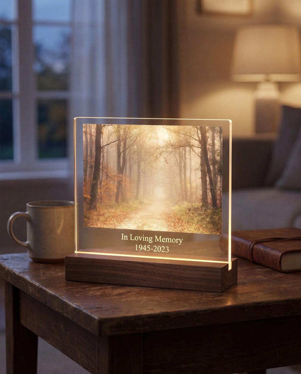 Acrylic memorial photo plaque with the wooden base LED turned on. The plaque shows a misty forest path with "In Loving Memory 1945 to 2023" engraved at the bottom. Warm glow lights the side table at dusk.