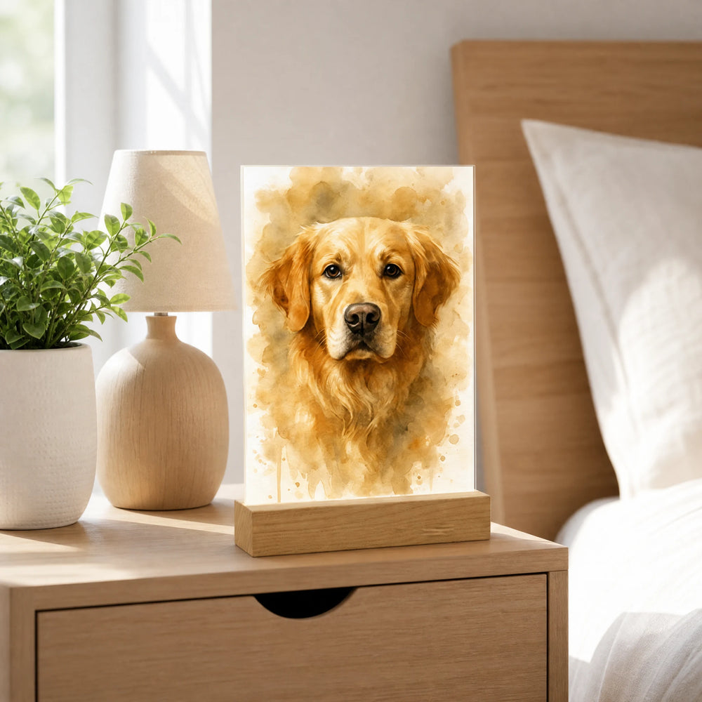 Acrylic pet portrait plaque with a watercolor dog on a light wood nightstand beside a lamp and small plant in a bright bedroom