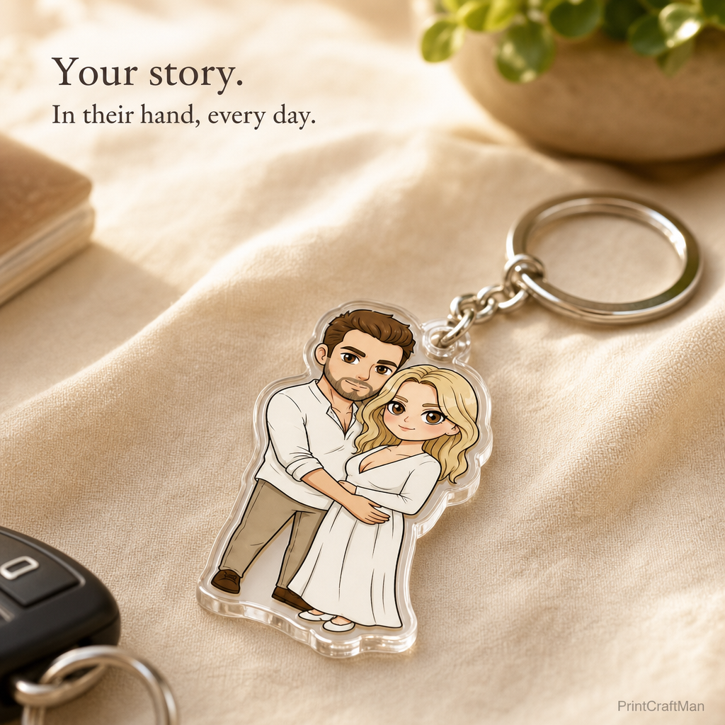 Custom cartoon acrylic keychain hero shot — chibi couple illustration on clear acrylic with silver keyring on cream linen surface