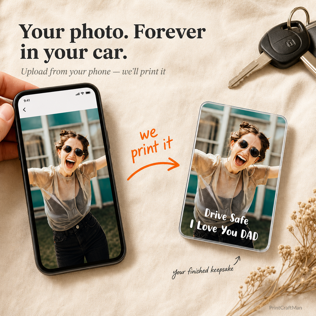 Custom car visor photo clip hero — phone photo transformed into a printed acrylic Polaroid-style keepsake for your car visor