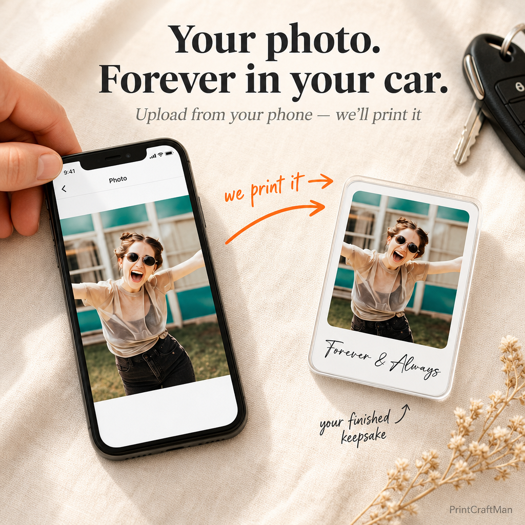 Custom Polaroid-style car visor photo clip hero — phone photo transformed into a personalized Polaroid-style keepsake for your car visor
