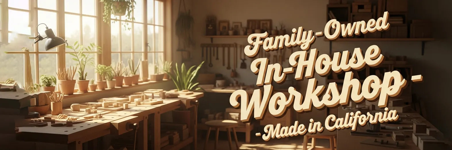 Family-owned in-house workshop with wooden sign and tools.